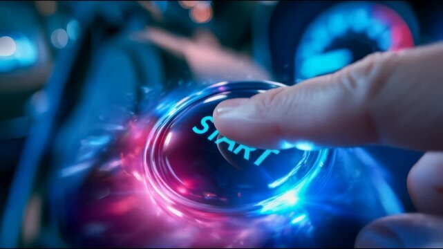 Close-up of an illuminated engine start button inside a modern vehicle, representing automotive technology, ignition, control and transportation