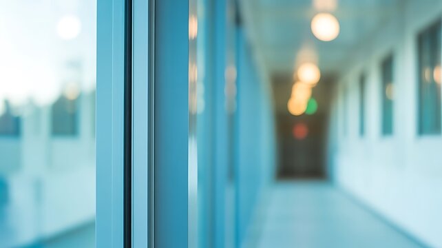A blurred view of a long modern office corridor with glass walls and bright ceiling lights, creating a and clean corporate environment