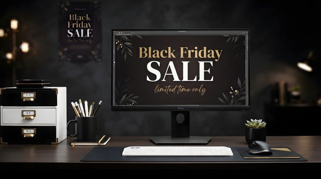 A modern office desk with a computer monitor displaying a black friday sale graphic, stationery, and a small succulent plant in a dark room