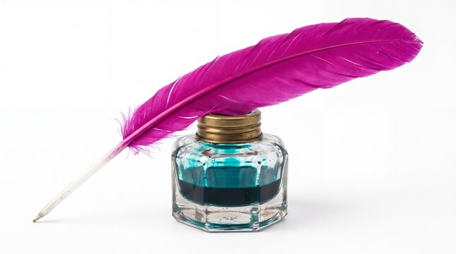 Pink feather quill resting on glass inkwell with blue ink