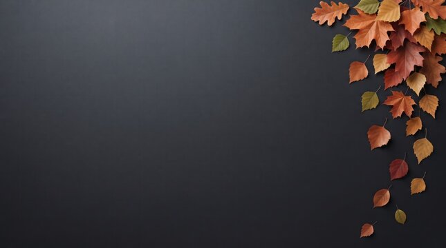 A stunning visual composition featuring a dark gradient background and a vibrant cascade of autumn leaves on the right side