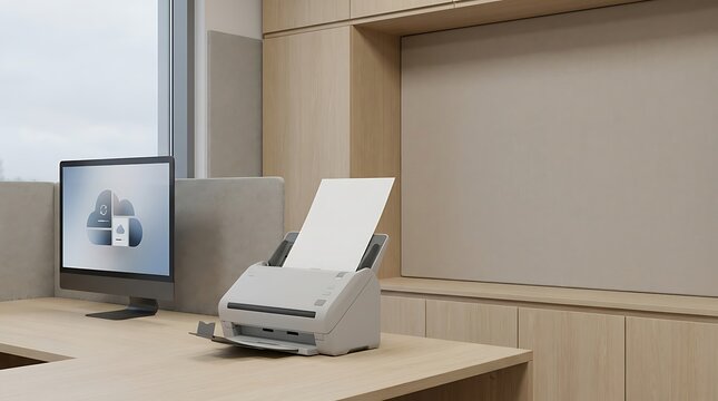 E-fax digital document scanning system on an office desk with computer monitor showing cloud storage concept