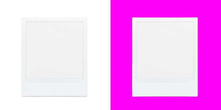 Two blank instant photo frames on white and vibrant pink split color contrast screen transparent png