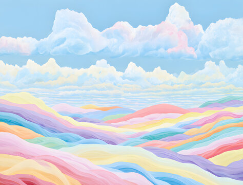 A pastel rainbow landscape with rolling hills, soft wavy layers in pastel colors. Fluffy white clouds drift across a pale blue sky above the gentle, dreamlike terrain.