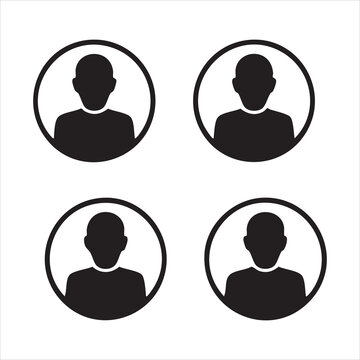 Set of four generic person avatars in black silhouette within circular frames on white background.