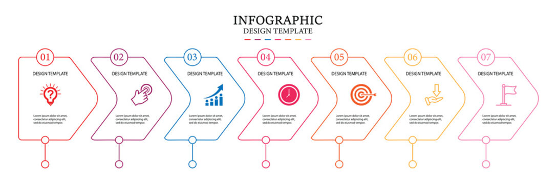 infographic label template with icons. 7 options or steps. presentation vector infographic timeline. Illustration of step information chart and infographic
