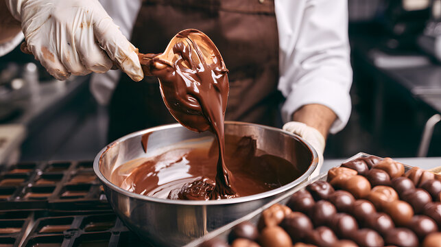 Skilled chocolatier pouring melted, tempered chocolate into a mold as part of the artisan confectionery manufacturing process