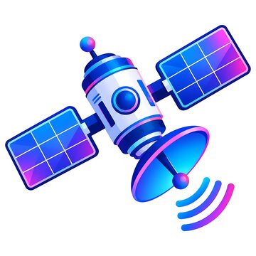 A futuristic satellite with solar panels is depicted in a vibrant vector illustration