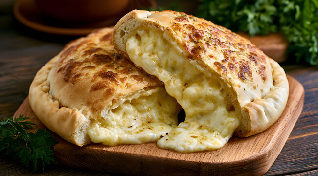 Two calzones filled with melted mozzarella cheese sit on a wooden board. The flaky dough halves display the gooey cheese inside. Fresh parsley tops the pasta dish. Mouth-watering Italian fare.