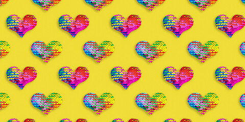 Creative pattern of colored hearts of sparkling sequins, blue red purple yellow colors. 14 february Valentines day holiday banner, festive concept, pop art style, shiny sequins heart as fish scale. © yrabota