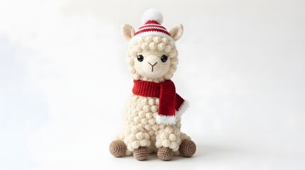 Fototapeta premium Adorable knitted alpaca toy wearing a hat and scarf on white background