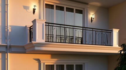 Obraz premium A modern balcony with black railings and white columns illuminated by wall mounted lamps against a warm toned building facade