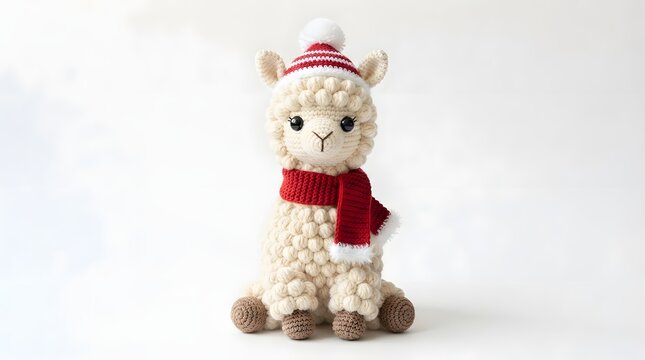 Adorable knitted alpaca toy wearing a hat and scarf on white background