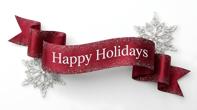 Festive red ribbon banner with happy holidays text and silver snowflakes