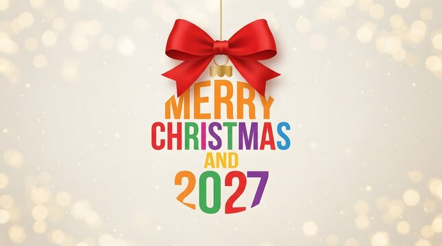 Festive merry christmas 2027 greeting with red ribbon and colorful text
