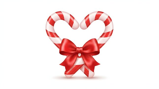 Candy cane shaped like a heart with a red bow isolated on white background