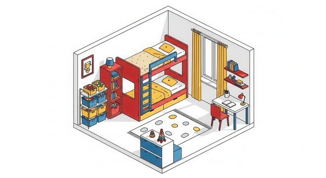 Childrens Bedroom Isometric Illustration Colorful Bunk Bed And Study Desk