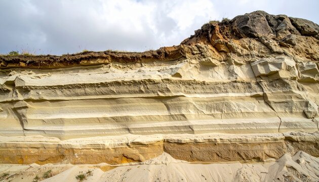Exposed geological strata showing layered natural clay and sand formations under a cloudy sky.