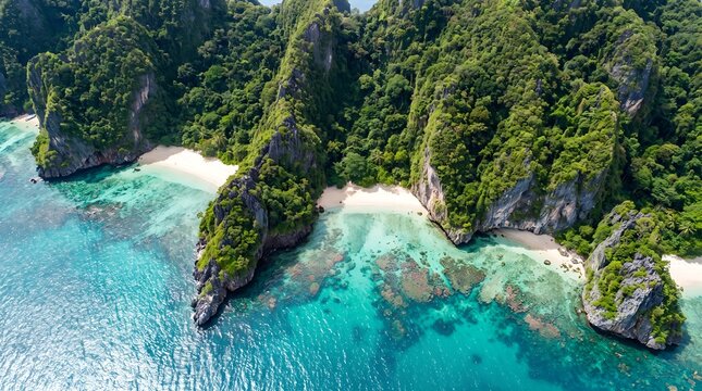 Aerial view of tropical island with limestone cliffs and turquoise water