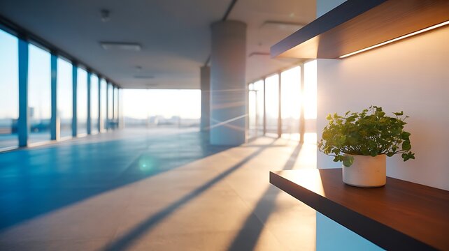 A small green potted plant sitting on a wooden shelf inside a modern office building with large windows and warm sunset light streaming in