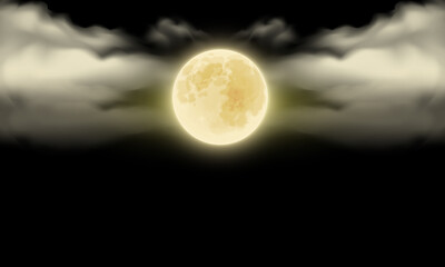 Glowing full moon shining brightly in a dark night sky surrounded by soft clouds © Setiadi Nurjaman