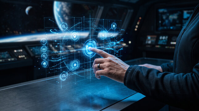 Futuristic astronaut finger touches glowing holographic interface displaying complex data within advanced spacecraft cockpit control room