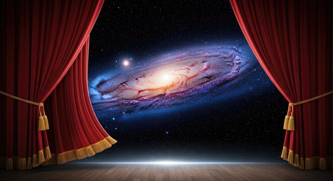 Spiral galaxy view framed by red theater stage curtains.