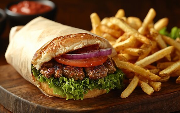 Delicious burger wrapped in paper with french fries.