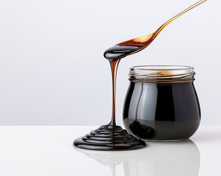 Pouring dark thick syrup onto a white surface from a spoon against a clean background