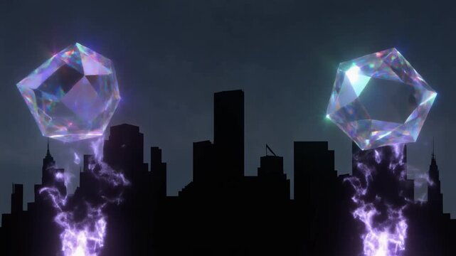 Giant Diamonds Floating Above City Skyline at Night