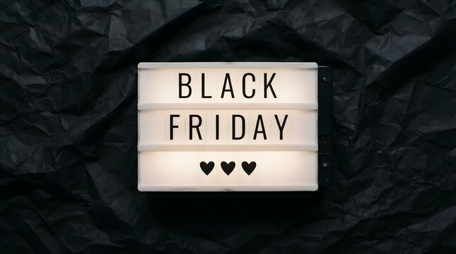 Light box with black friday text and heart icons on wrinkled black paper background