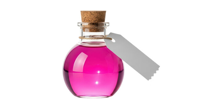 Small glass bottle filled with pink liquid and a cork stopper with a blank label