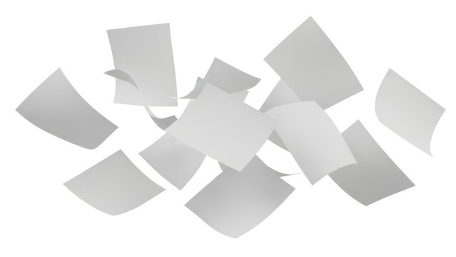 Many blank sheets of white paper flying and falling in the air