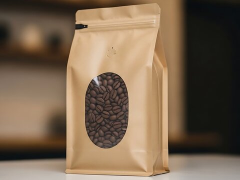 Beige coffee bean bag with transparent window showing ground coffee beans