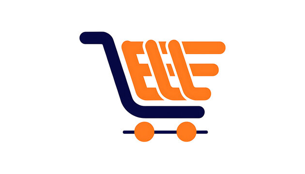 Creative abstract shopping cart logo design featuring modern geometric shapes and vibrant orange and dark blue colors representing retail commerce, e-commerce, and online shopping concepts