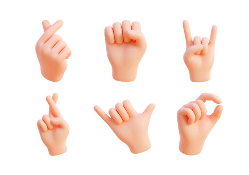 3D cartoon hand  showing different gestures featuring heart sign, fist, rock and roll, crossed fingers, shaka, and okay sign