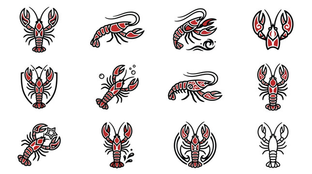 Red lobster and seafood restaurant logo emblem set.