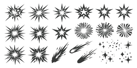 Set of black comic book explosion shapes starbursts sparkles and cartoon speed lines for graphic design projects © GraphixEra
