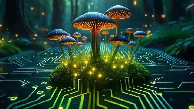 Enchanted Digital Forest Bioluminescent Mushrooms on Circuit Board Path