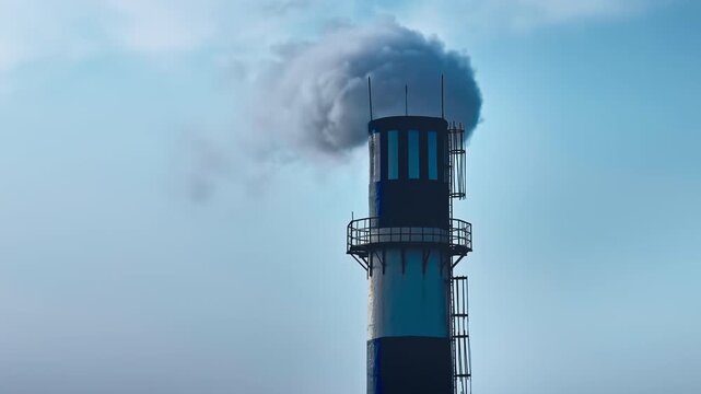 A blue industrial smokestack with metal ladders and a circular platform releases a thick gray plume into a pale blue sky under soft natural light.