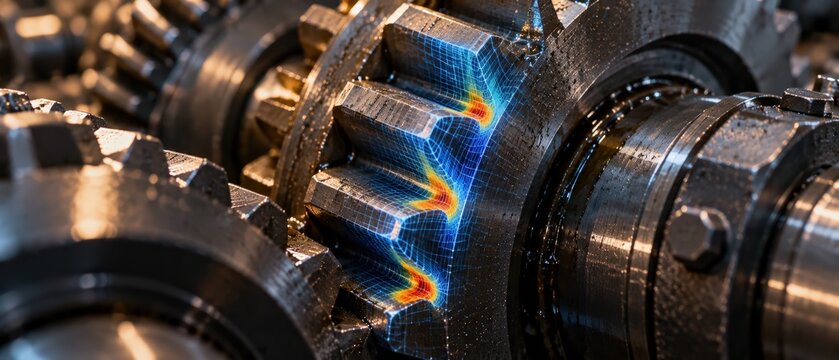 Digital Twin Stress Analysis on Metal Gear, Close Up of Industrial Gearbox with Finite Element Simulation Heatmap for Mechanical Engineering