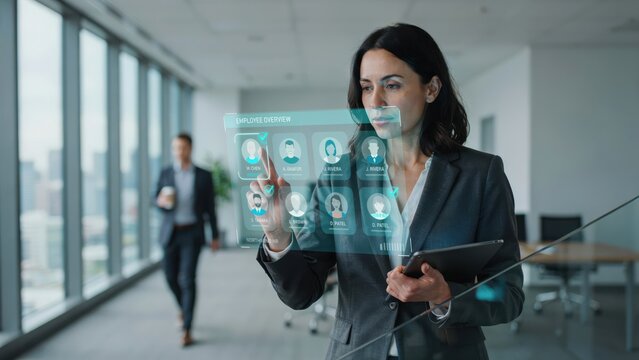 Professional businesswoman interacting with a digital holographic touchscreen interface in a modern office