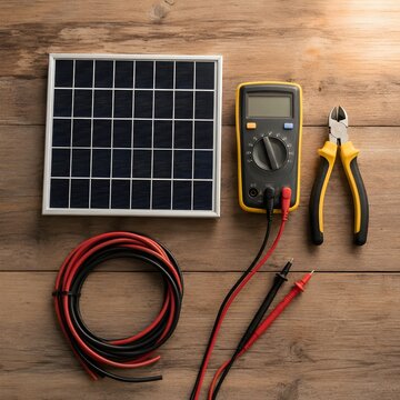 Solar panel testing setup with multimeter and wiring on wooden surface