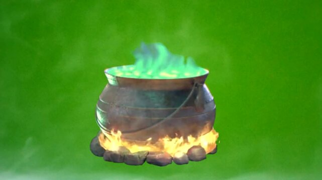 Animated Magic Witch Cauldron Boiling Green Potion Over Fire on Green Screen