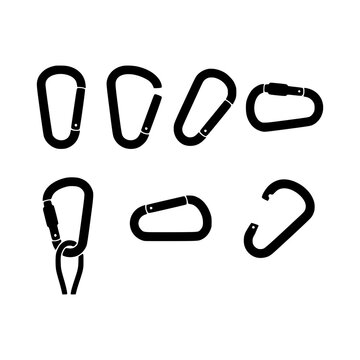 Camping carabiners set open gate closed gate silhouette vector illustration, Camping carabiners set open closed silhouette