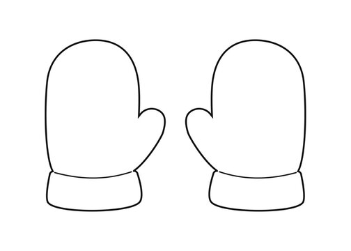 Winter mittens pair outline vector line art doodle. Hand drawn isolated cozy warm gloves on white background. Coloring page for kids.