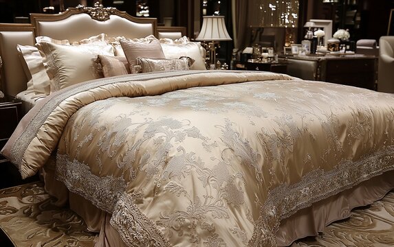 Luxurious beige bedding set on a large bed with ornate headboard.