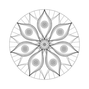 A clean radial flower design features six elegant leaves and delicate blossoms in precise monochrome outlines, creating a calm resource for coloring, crafts, meditation, or print.