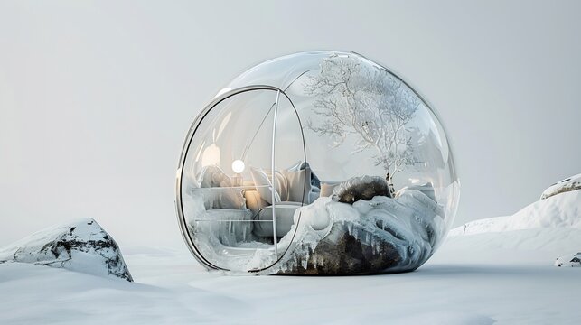 Winter wonderland sanctuary, secluded bubble residence amidst snowy expanse, modern design retreat