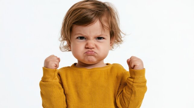 Agitated toddler, angry expression with furrowed eyebrows and pouting lips, small clenched hands, concept of three-year-old crisis, emotional responses and psychological factors in a kid's behavior 
